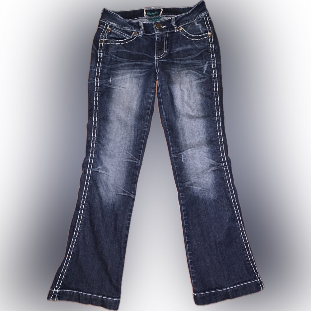 Wrangler Premium Patch Studded Bejeweled Distressed Y2K Flare Low Rise Jeans 5/6 - Picture 3 of 11